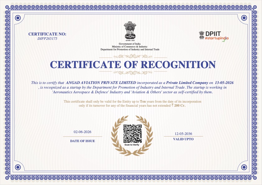 DPIIT Startup India Certificate of Recognition - Angad Aviation Private Limited